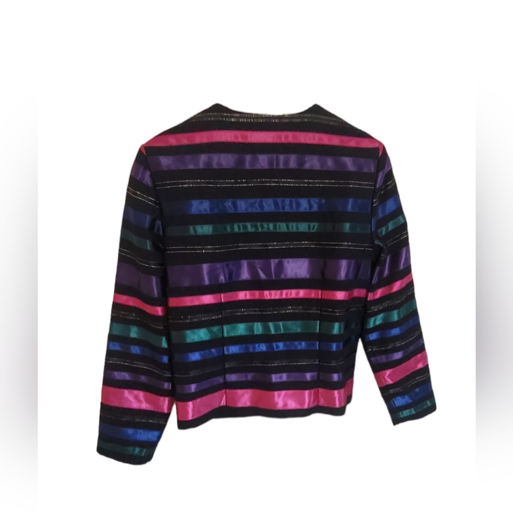 🥰TALBOTS 4  BLAZER DRESSY JACKET BLACK RAINBOW SATIN RIBBON STRIPE GOLD THREAD - Picture 5 of 11
